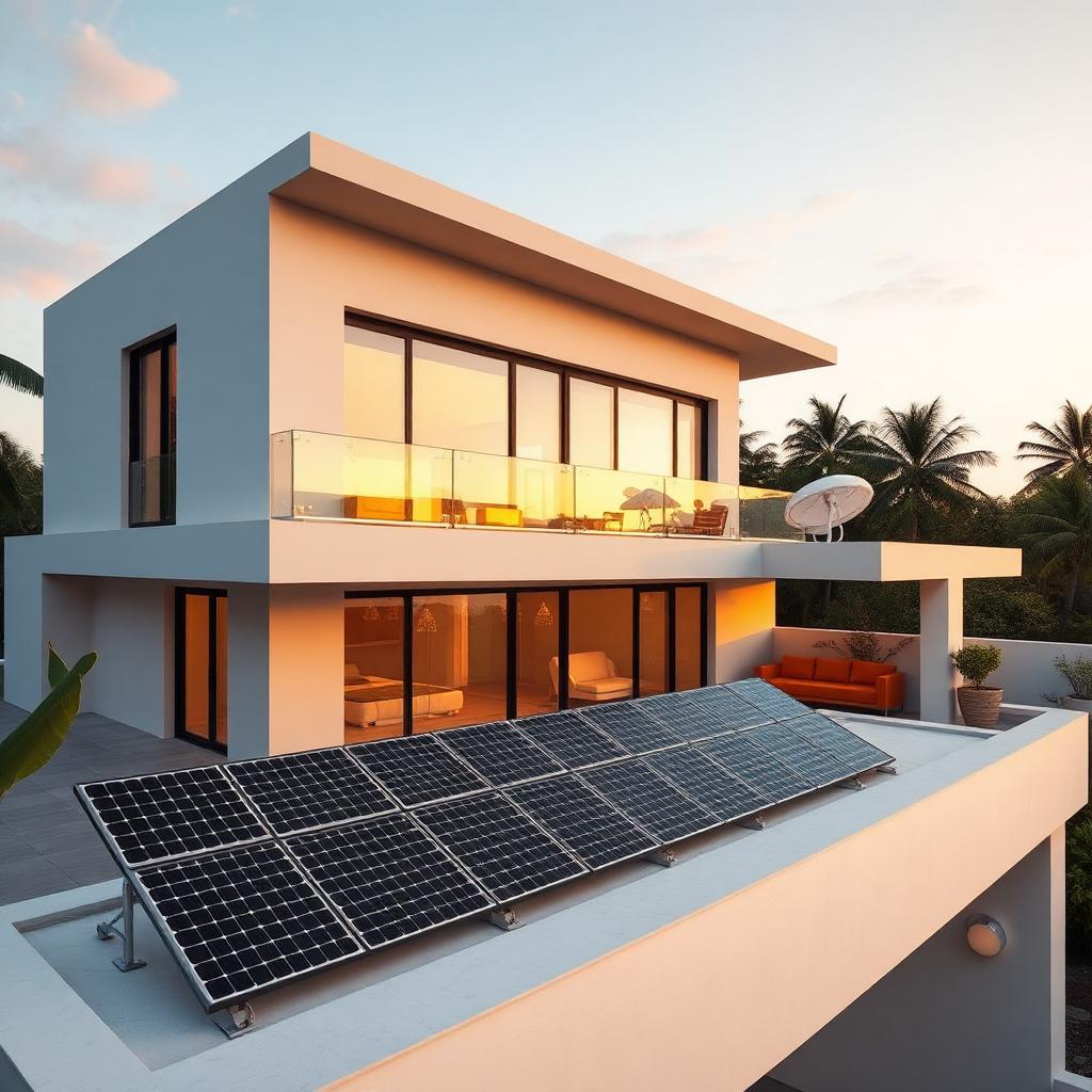 Casa moderna com painéis solares fotovoltaicos