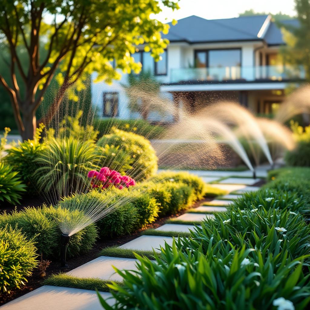 Jardim residencial com sistema de irrigação automatizada
